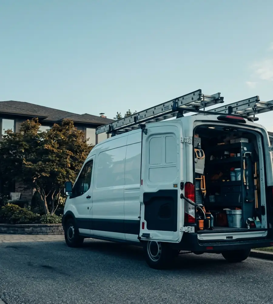 A home service contractor's work van parked outside a residential property